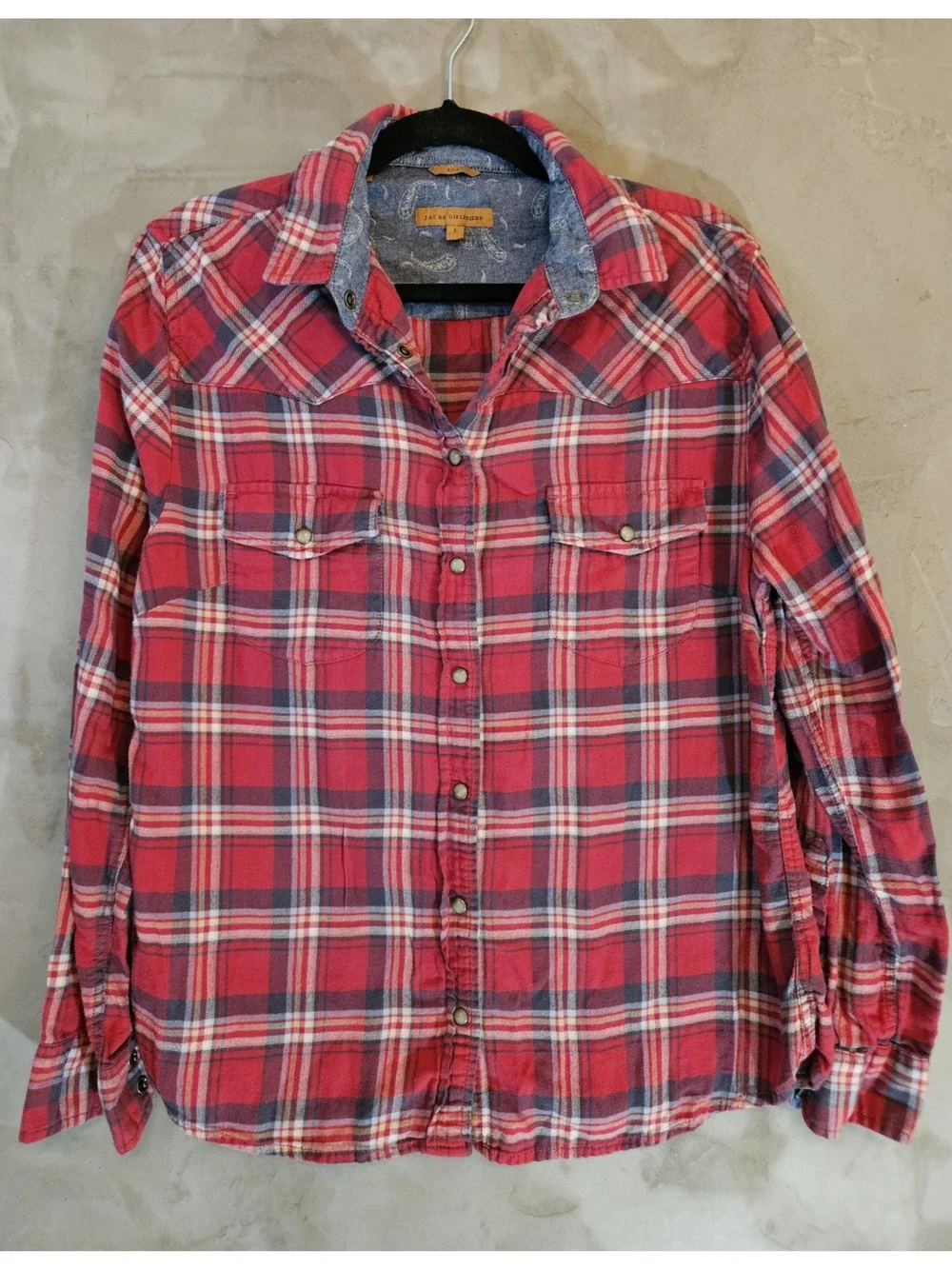 JACHS Girlfriend Size L Red Blue White Plaid Cotton Flannel Collared Shirt - Picture 1 of 7